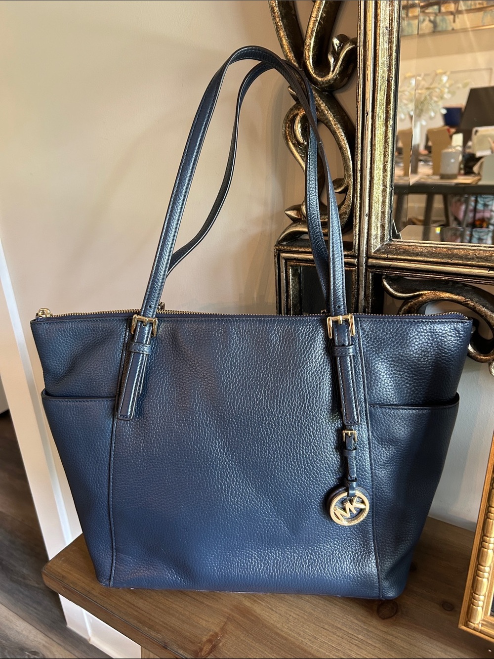 Michael Kors Navy Pebbled Leather Tote with Gold Accent GUC